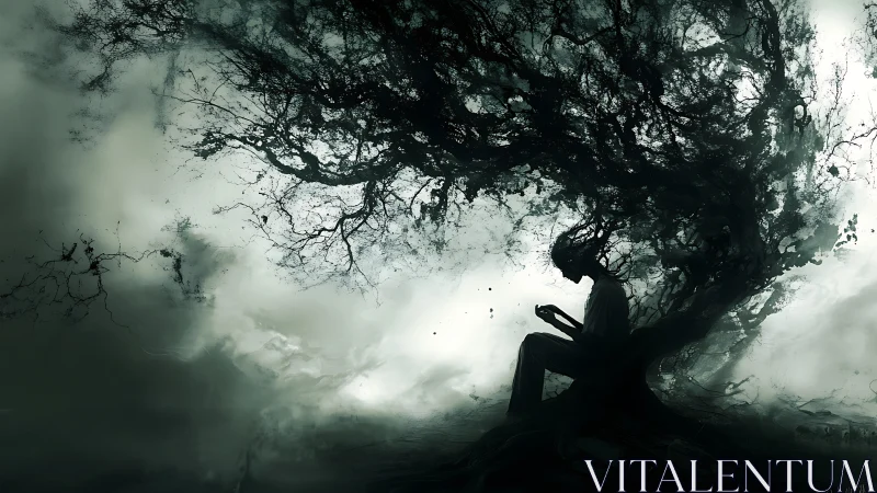 Silhouetted reader merges with storm-twisted ink tree roots