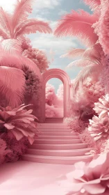 Pastel pink archway rises within surreal tropical garden