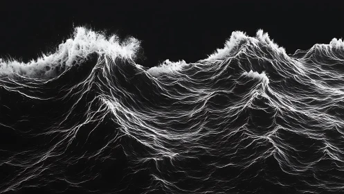 Electric tide surges in monochrome luminous ocean waves.