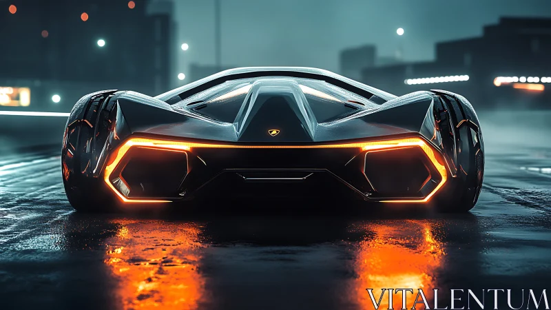 Futuristic sports car rear view on wet urban roadway.
