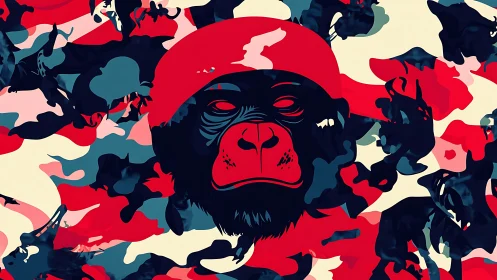 Gorilla portrait merges with bold red camouflage pattern.