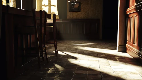 Golden afternoon light spills across a quiet wooden bar