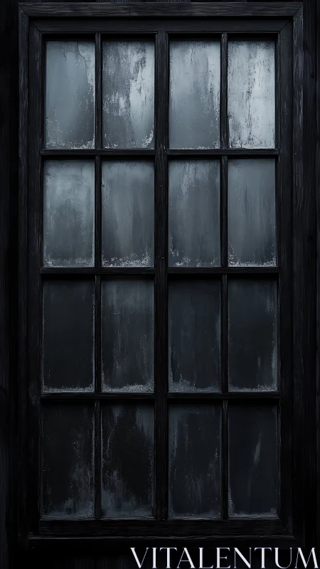 Weathered multi-pane window with frosted glass in dim light