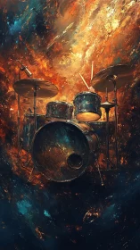 Drum kit blazing against swirling cosmic firestorm backdrop.