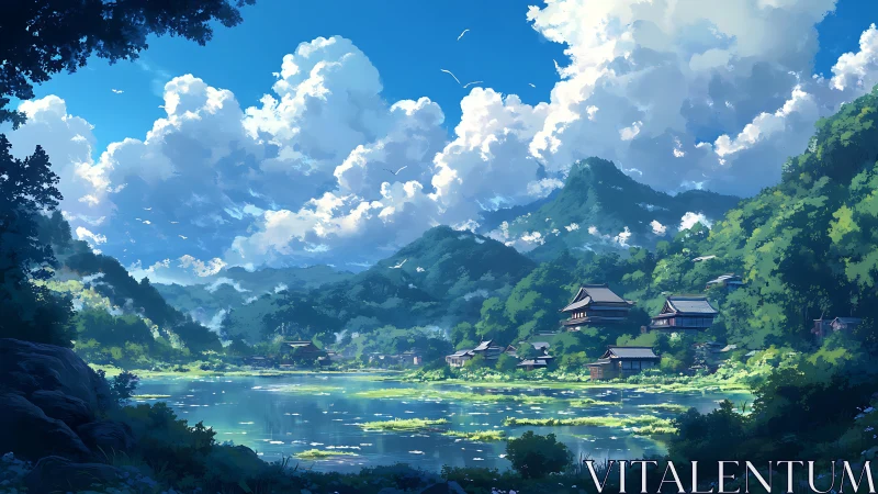 Serene lakeside village beneath towering summer cumulus clouds.
