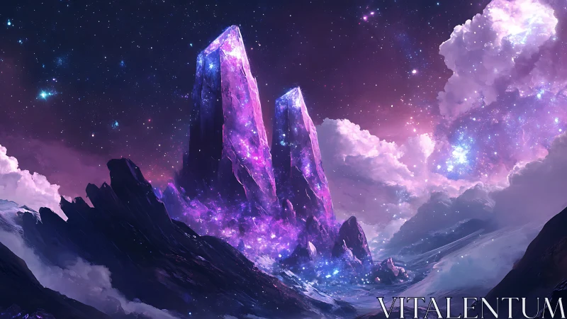 Starlit amethyst spires glowing over a dreamy cosmic valley.