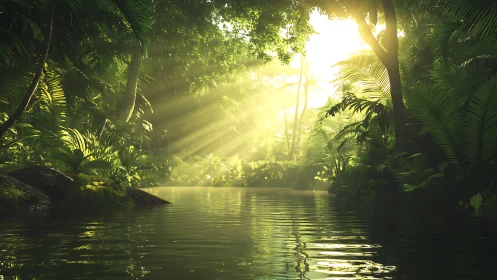 Volumetric sunlight penetrates dense tropical river canopy