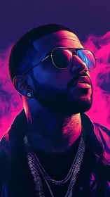 Neon night portrait of confident man in glowing colors.