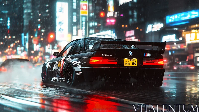 Tuned BMW coupe drifts through neon city street at night