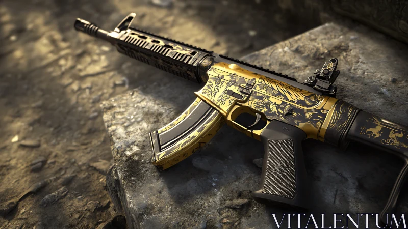 Gold-engraved tactical rifle rendered in high-detail 3D scene.