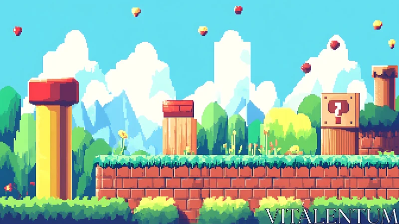 Pixelated side-scrolling forest platform level under clear sky