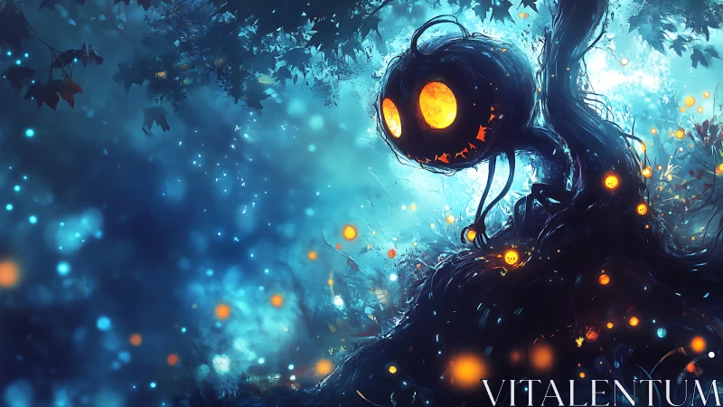 Glowing pumpkin spirit curls atop twisted forest tree