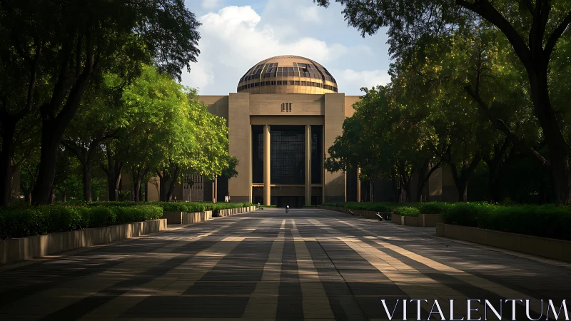 Symmetrical domed civic hall framed by axial tree colonnade.