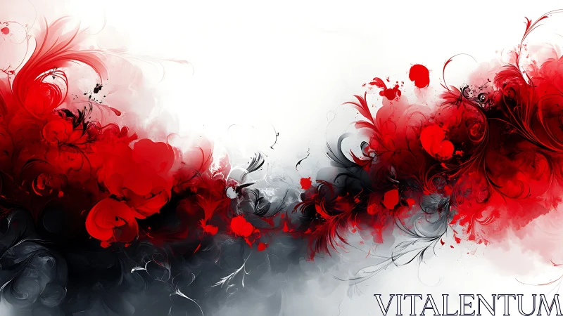 Red floral ink plumes swirl through monochrome smoke field