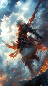 Armored white-haired figure in sky above burning landscape.