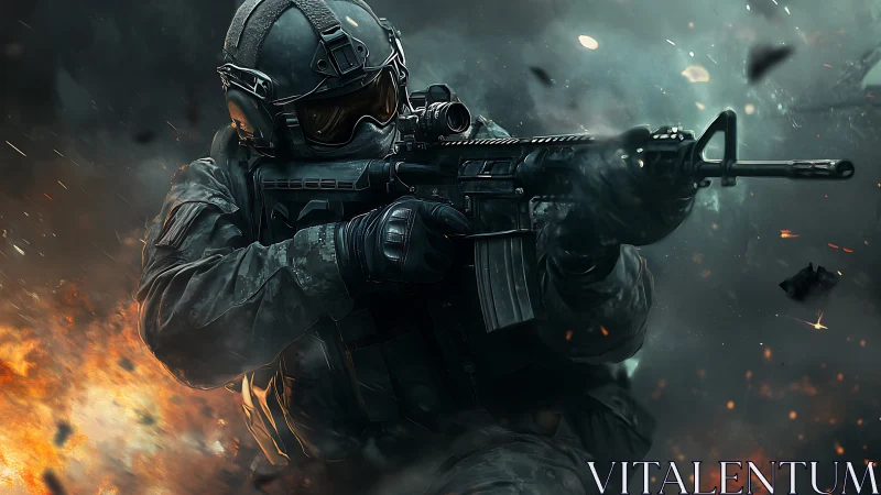 Elite tactical soldier advances through explosive battlefield.