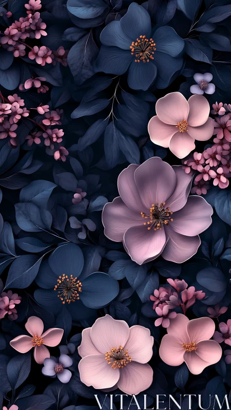 Floral arrangement with navy and pink flowers against dark foliage