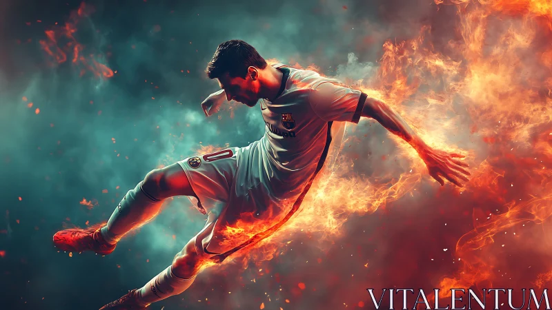 Dynamic footballer in flaming motion blur over teal smoke field