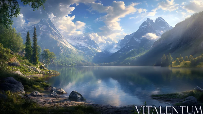 Serene alpine lake with snowcapped peaks and soft sunrise light.