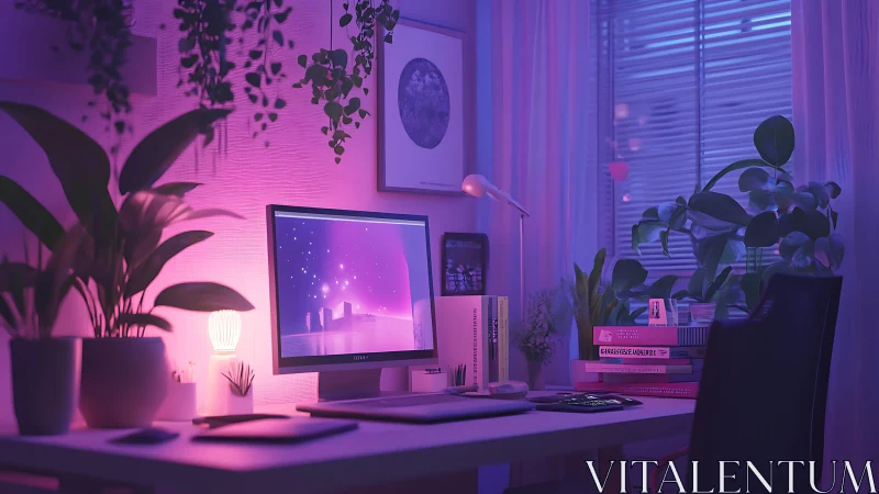 Dreamy RGB-lit home office with lush indoor greenery.