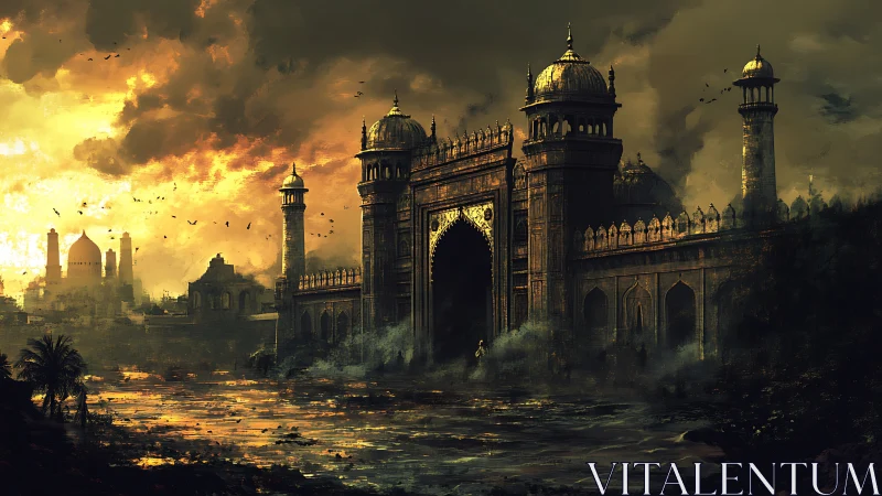 Distant domed citadel stands before turbulent, illuminated sky