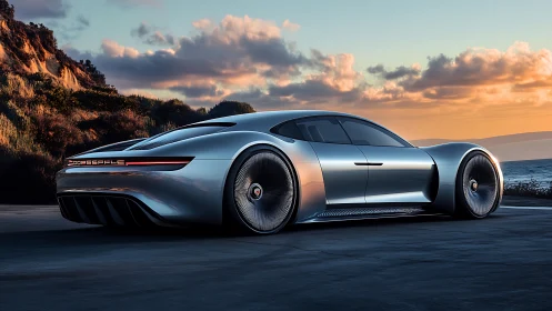 Futuristic silver concept car is parked on a coastal roadway