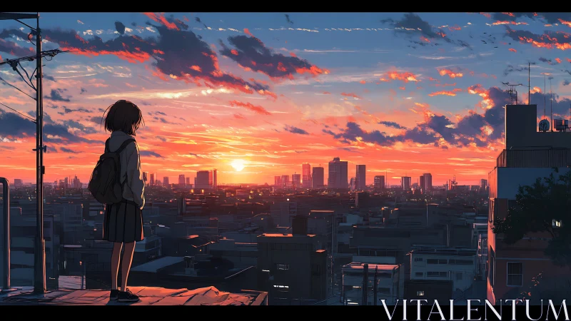 Solitary schoolgirl watches blazing sunset over dense cityscape