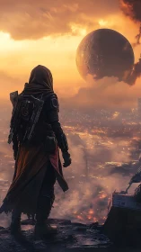 Wanderer gazes over a glowing sci fi city at dusk.