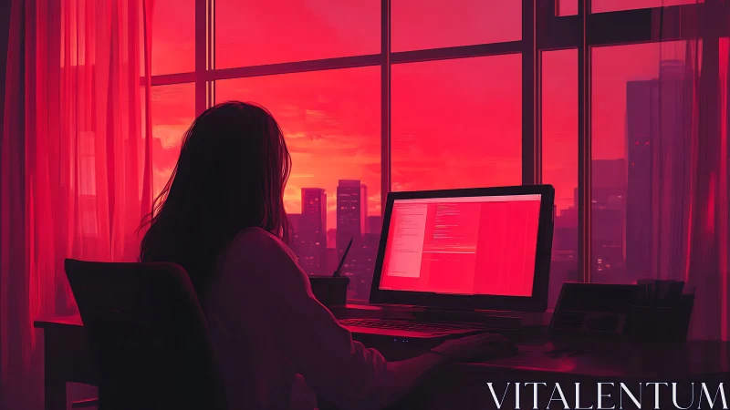 Coder immersed in sunset glow at a city-view workspace.