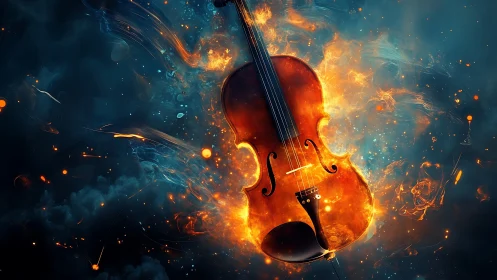 Fiery cello ignites against swirling cosmic blue smoke.