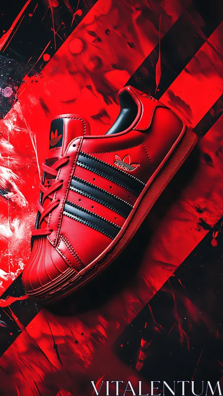 High-contrast red leather sneaker with black stripes and shell toe