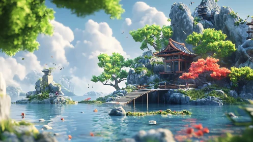 3D idyllic lakeside Japanese shrine with dynamic foliage framing.