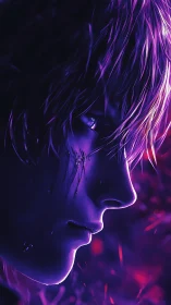 Neon-lit warrior&rsquo;s profile glows in brooding violet light.