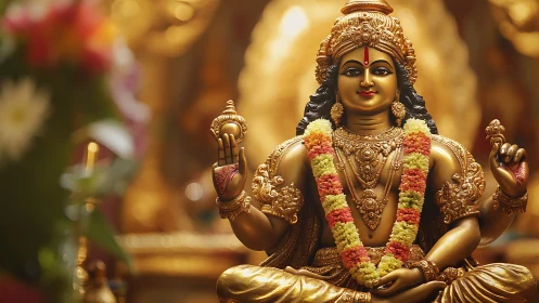 Golden deity in marigold garlands blessing a quiet temple.