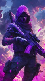 Hooded tactical figure with rifle in neon purple sky scene.