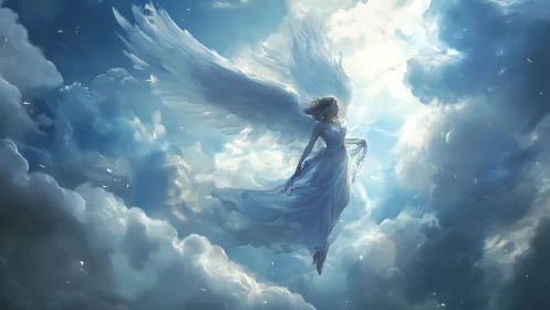 Skyborne seraph draped in stormlit, whispering light.