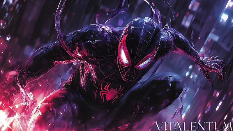 Masked superhero crouches amid neon city energy surge