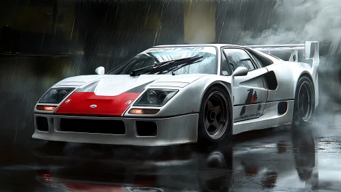 White race car in rain on wet pavement with rear wing.
