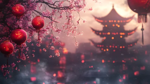Lantern light and cherry blossoms over a dreamy pagoda.