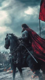 Armored cavalry commander under stormfront with red war banner