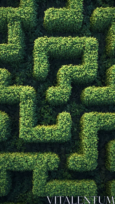 Geometric overhead view of dense green hedge maze pattern.