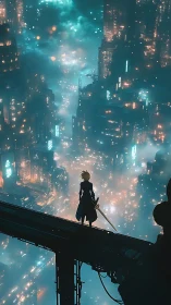 Lone swordsman surveys neon-drenched cyberpunk megacity.