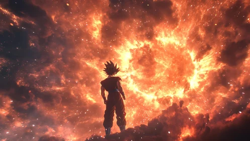 Lone anime warrior gazes into a blazing cosmic inferno.