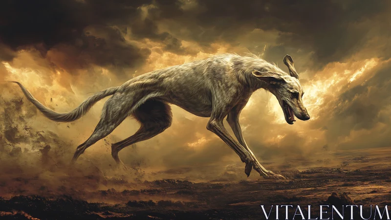 Stormlit hound sprints across apocalyptic desert horizon.