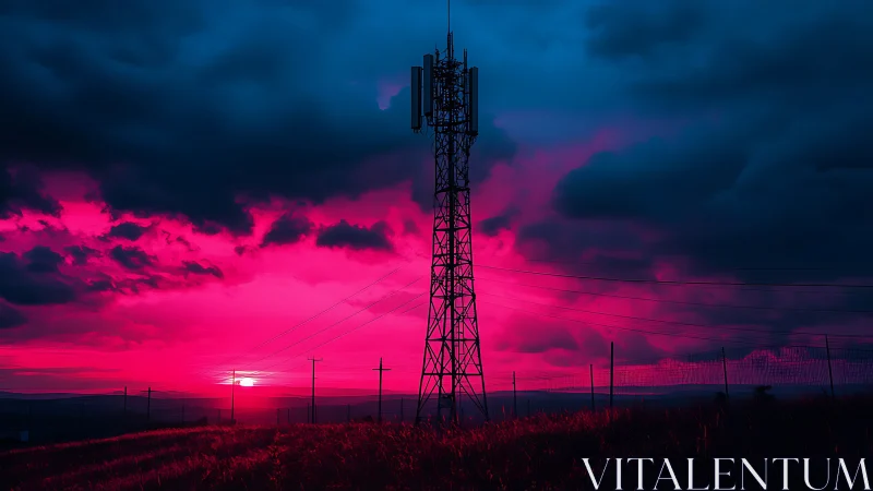 Cell tower silhouette under neon magenta storm sky.