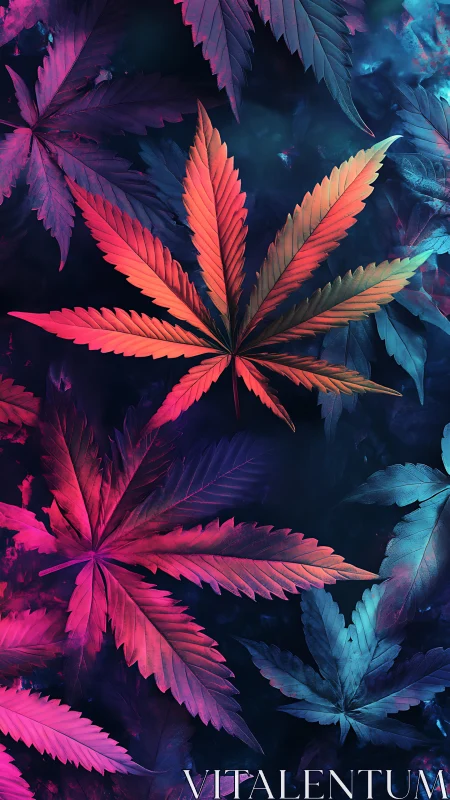 Neon cannabis foliage rendered in high-contrast bicolor gradient lighting