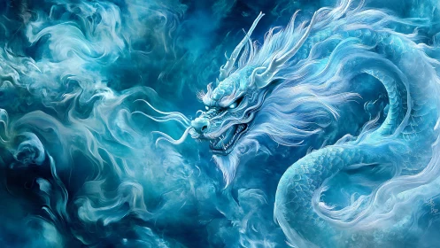 Mythic ice dragon coils through stormy blue celestial mists