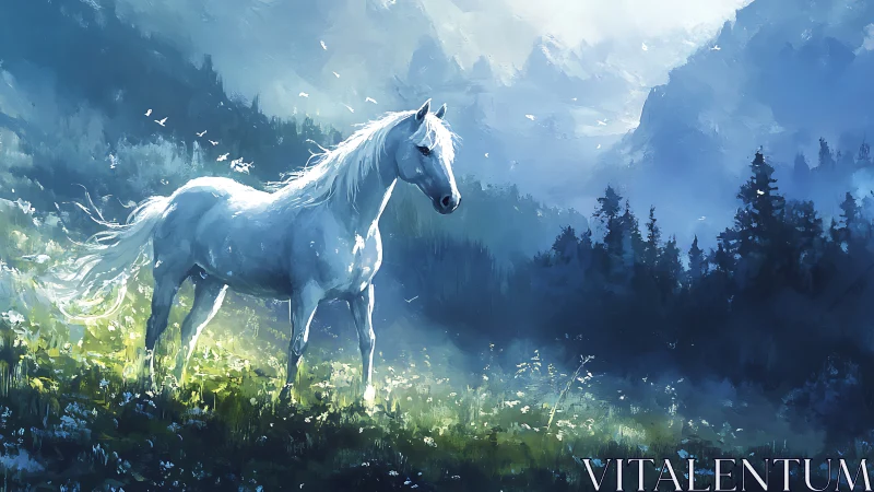 Moonlit mountain stallion wandering through luminous wildflowers.