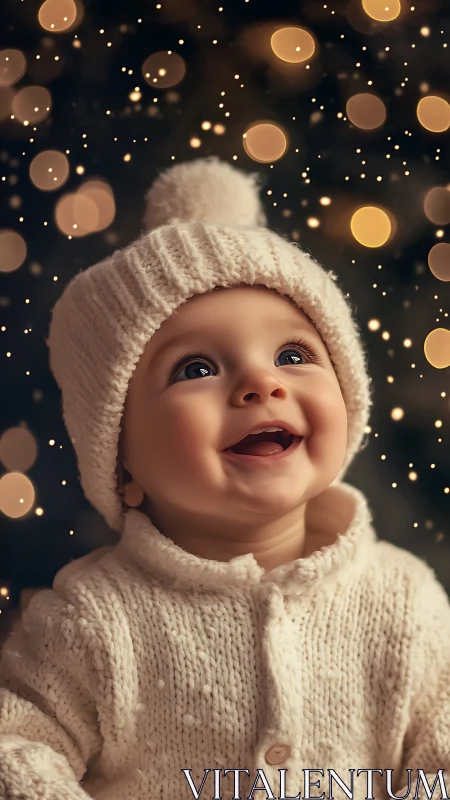 Smiling baby in knitted winter outfit under golden lights