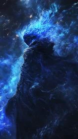 Stellar wraith silhouette in ionized blue plasma cascade.